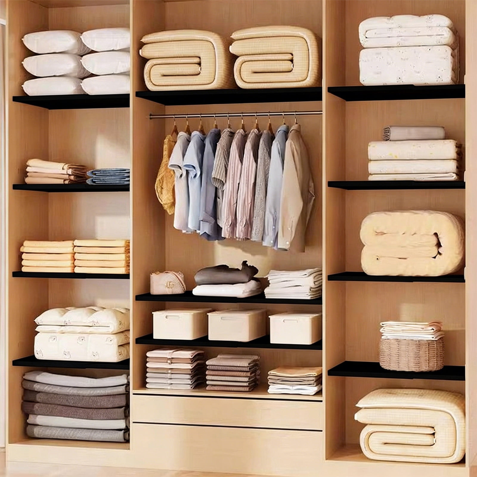 Expandable Shelf Rack Stackable Organizer for Kitchen Bathroom Pantry Countertop Storage (Black-B)