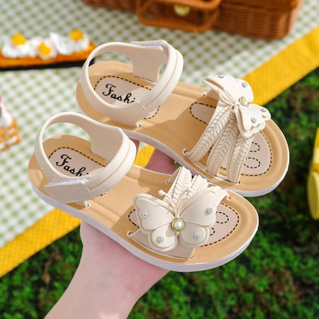 Juebong Toddler Baby Girls Bow Pearl Open Toe Sandals Soft Sole Princess Shoes Sandals  Beige  2-3 Years