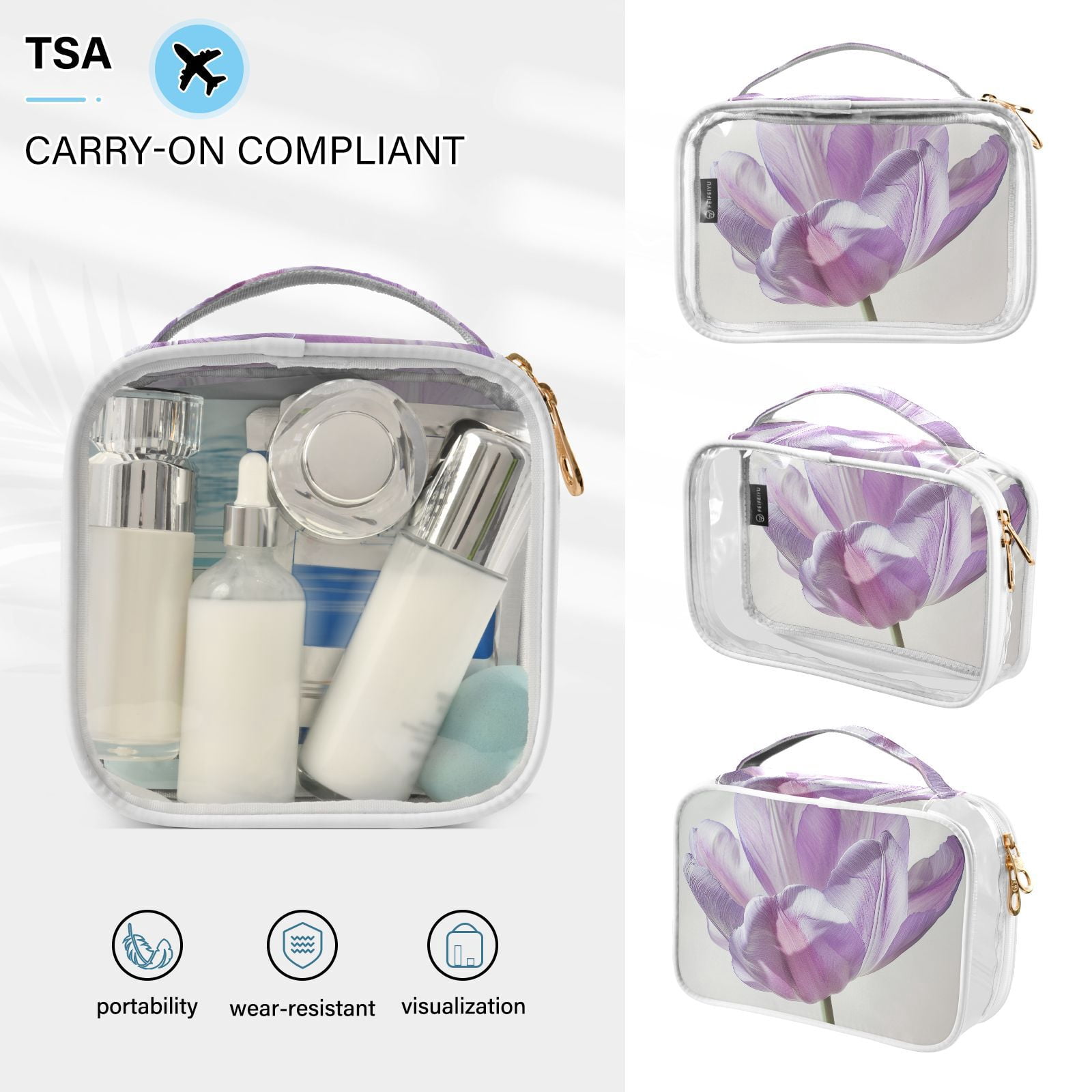 Clear Makeup Bags with Handle Large Opening 2 Pack Set Toiletry Bag Quart Size Bag, for Women Man Traveling Travel Essentials, Toiletries and Other. Gorgeous Flower Purple