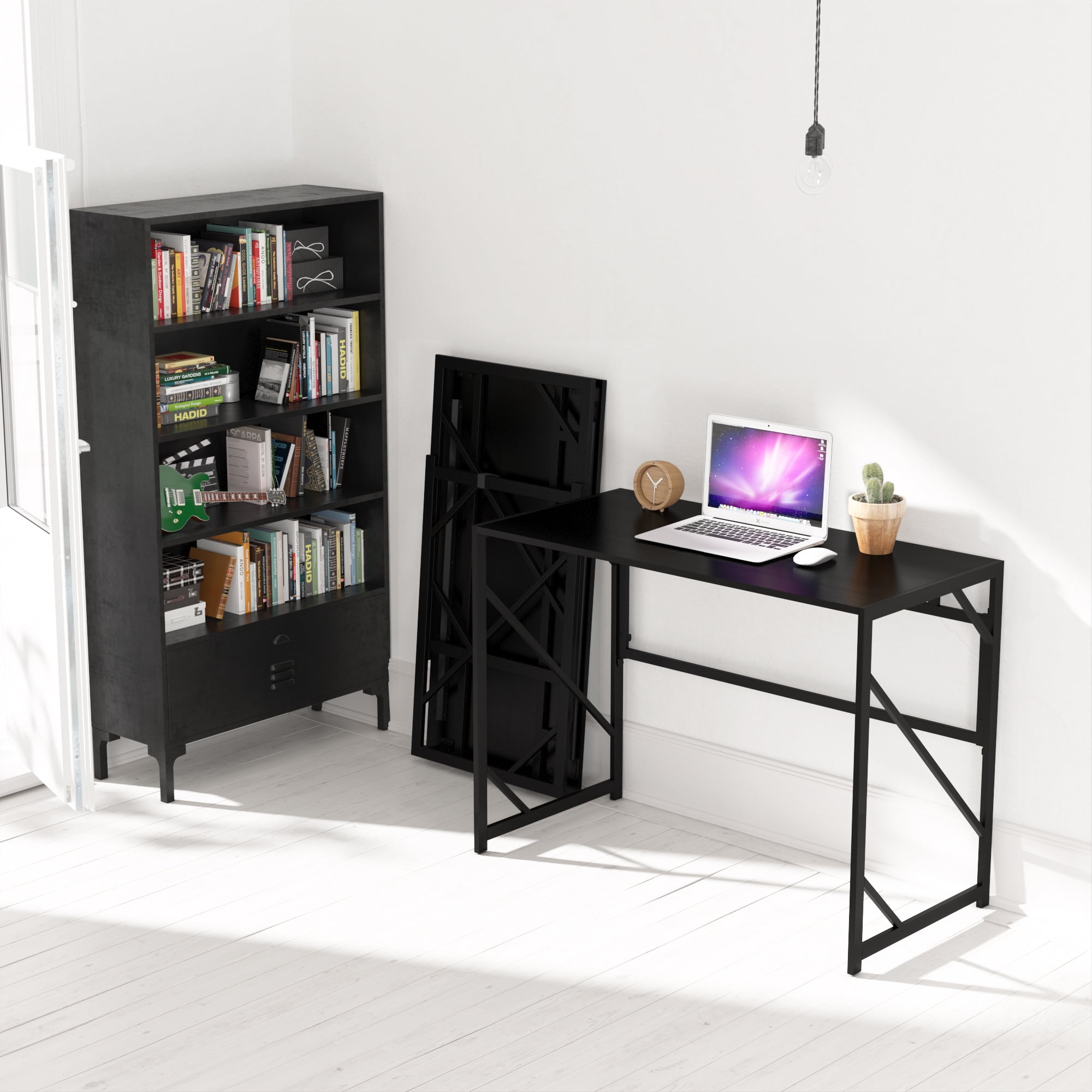 Details about   Folding Study Writing Table Computer Desk Home Office Timber Black Steel Top 