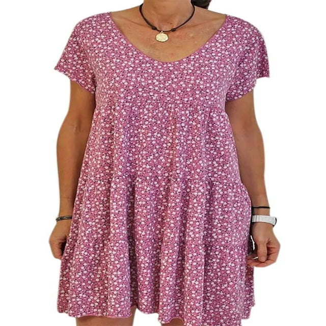 Robe d'Été pour Femmes Grande Taille à Fleurs à Manches Courtes Mini Ample Évasée