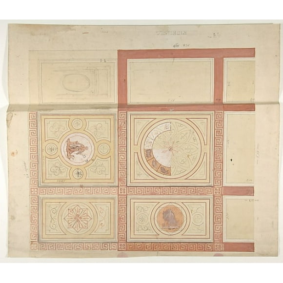 Design for the decoration of the ceiling of a vestibule in painted panels with roman key borders Poster Print by Jules-Edmond-Charles Lachaise (French, died 1897) (18 x 24)