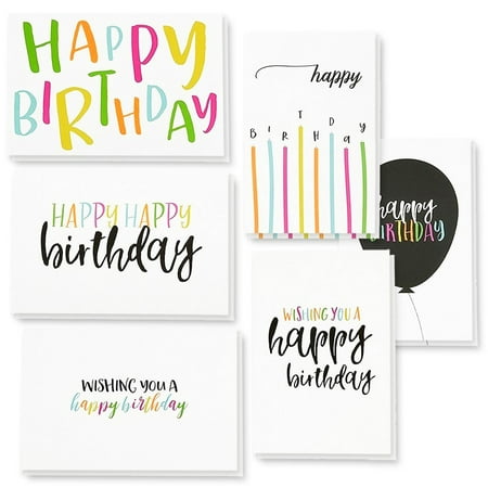 48 Pack Happy Birthday Greeting Cards, 6 Handwritten Modern Style Colorful Designs, Bulk Box Set Variety Assortment, Envelopes Included 4 x 6