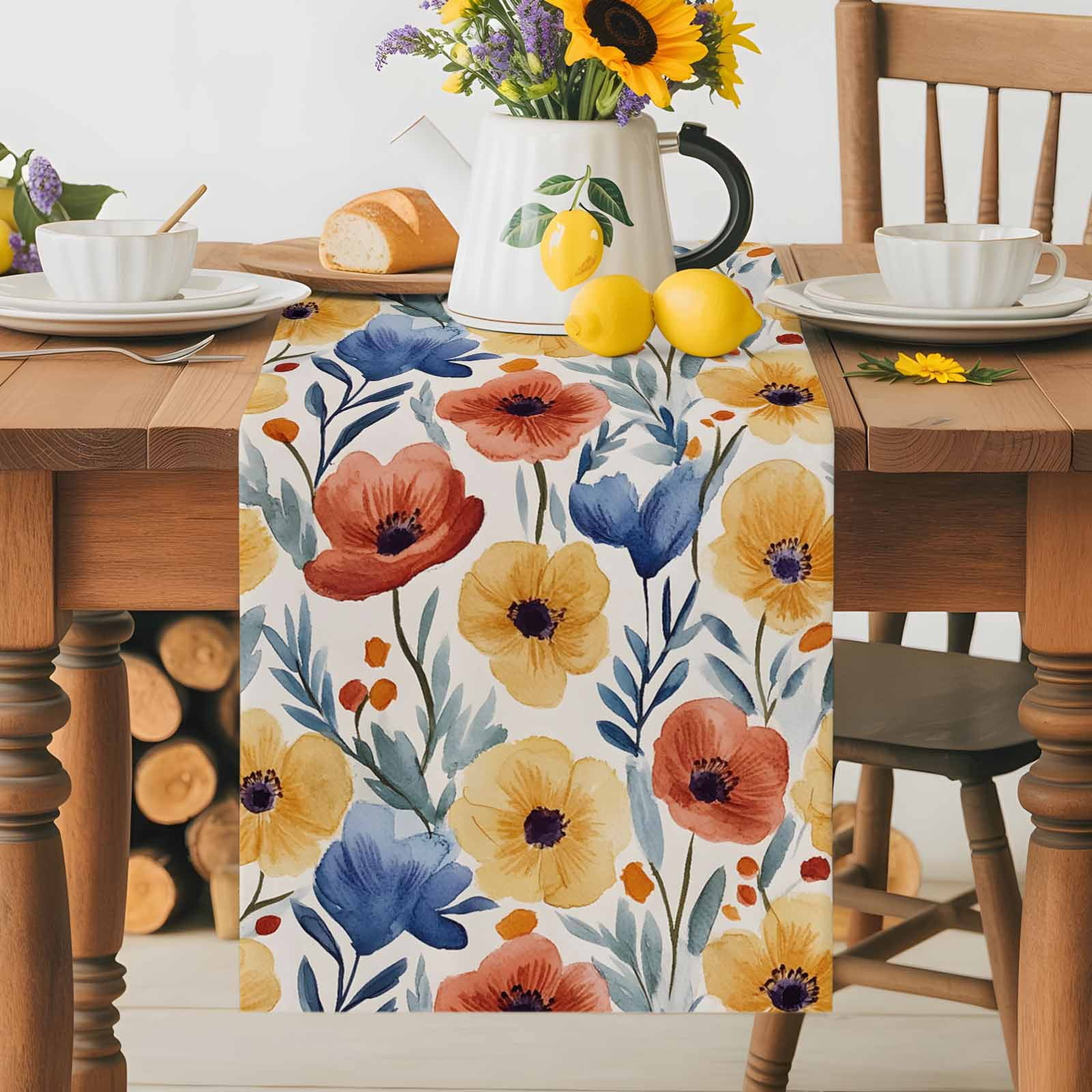 Red Poppy Flower Spring Blossom Floral Table Runner 90 Inches Long, Garden Plant Seamless Table Runners Tabletop Scarf Kitchen Dining Tables Decoration for Home Party Indoor Outdoor