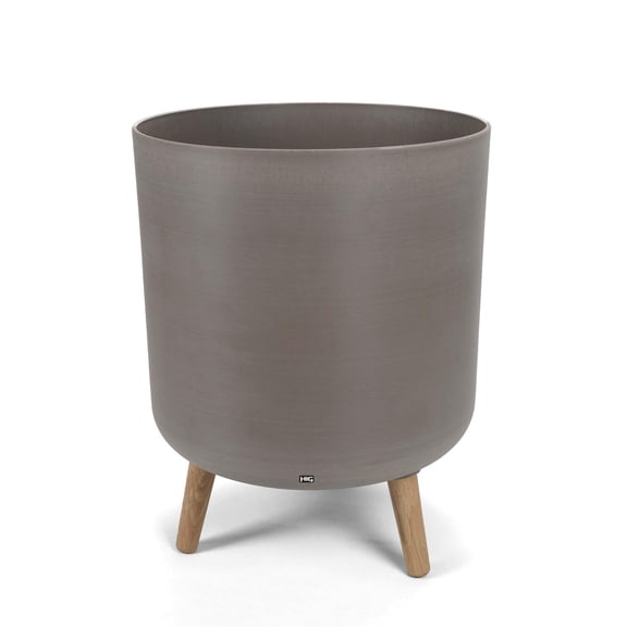 14 Inch Plastic Planter Pot with Stand, Handcrafted Modern Plant Pot, Durable Tall Flower Pot for Indoor & Outdoor Plants, Living Room & Garden Decor, Light Coffee/Natural wooden legs (2 Pack) 87227