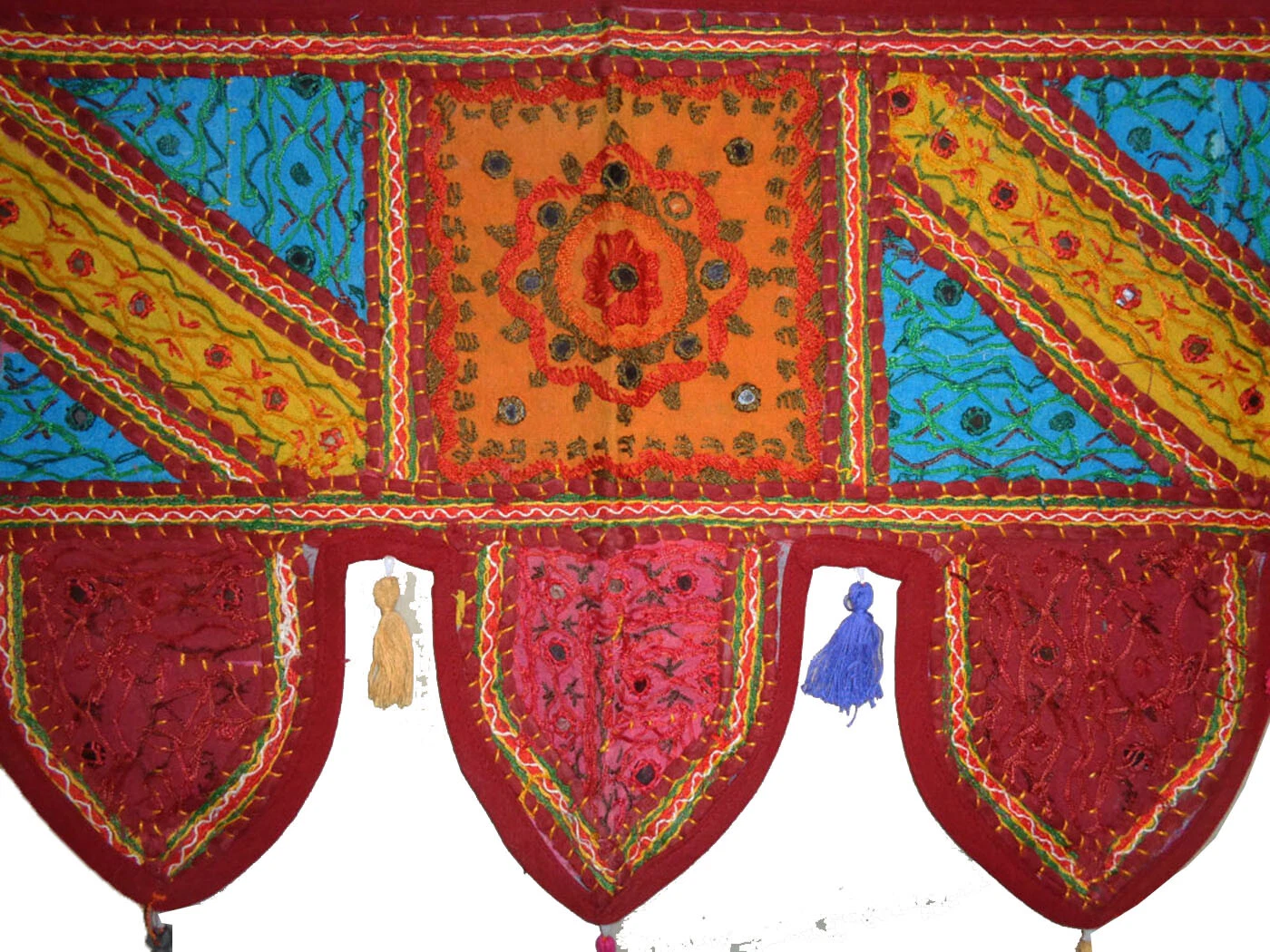 Boho Window Door Toran Valance – Beaded & Mirrored Gate Topper Tapestry with Kantha Embroidery for Wedding or Home Décor