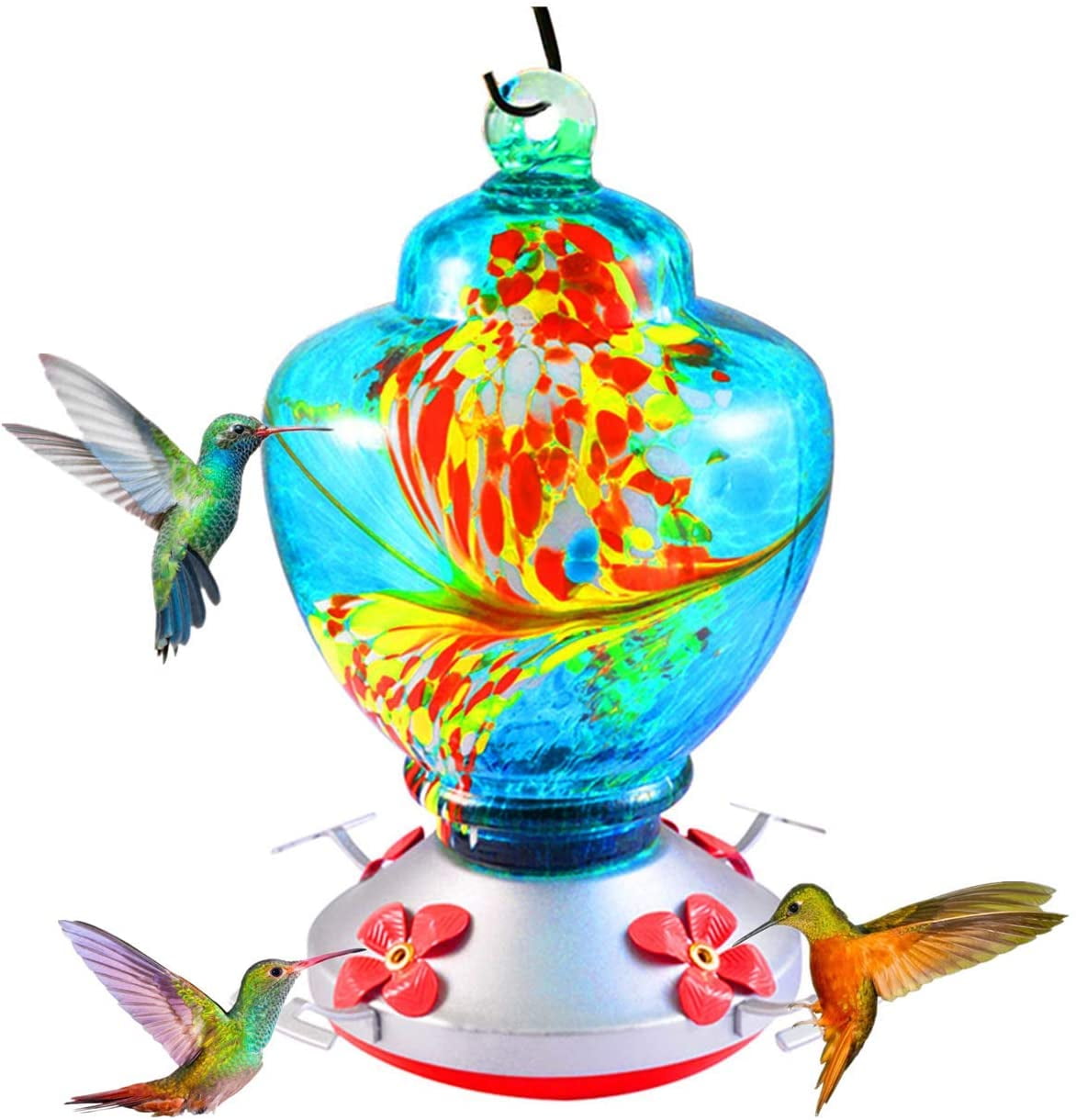 24 Fluid Ounces Best Home Products Hummingbird Feeder Blown Glass Blue Swirl