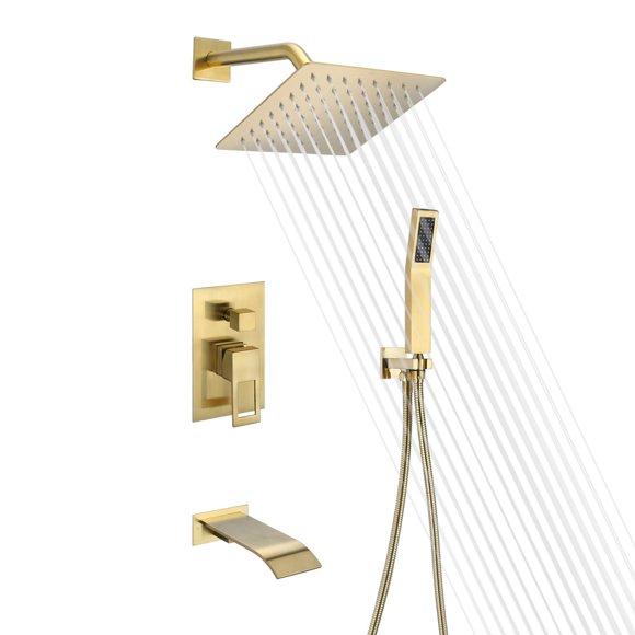 sumerain Tub and Shower Faucet System with Waterfall Tub Spout and Handheld Shower Head, Pressure-Balanced Valve, Brushed Gold