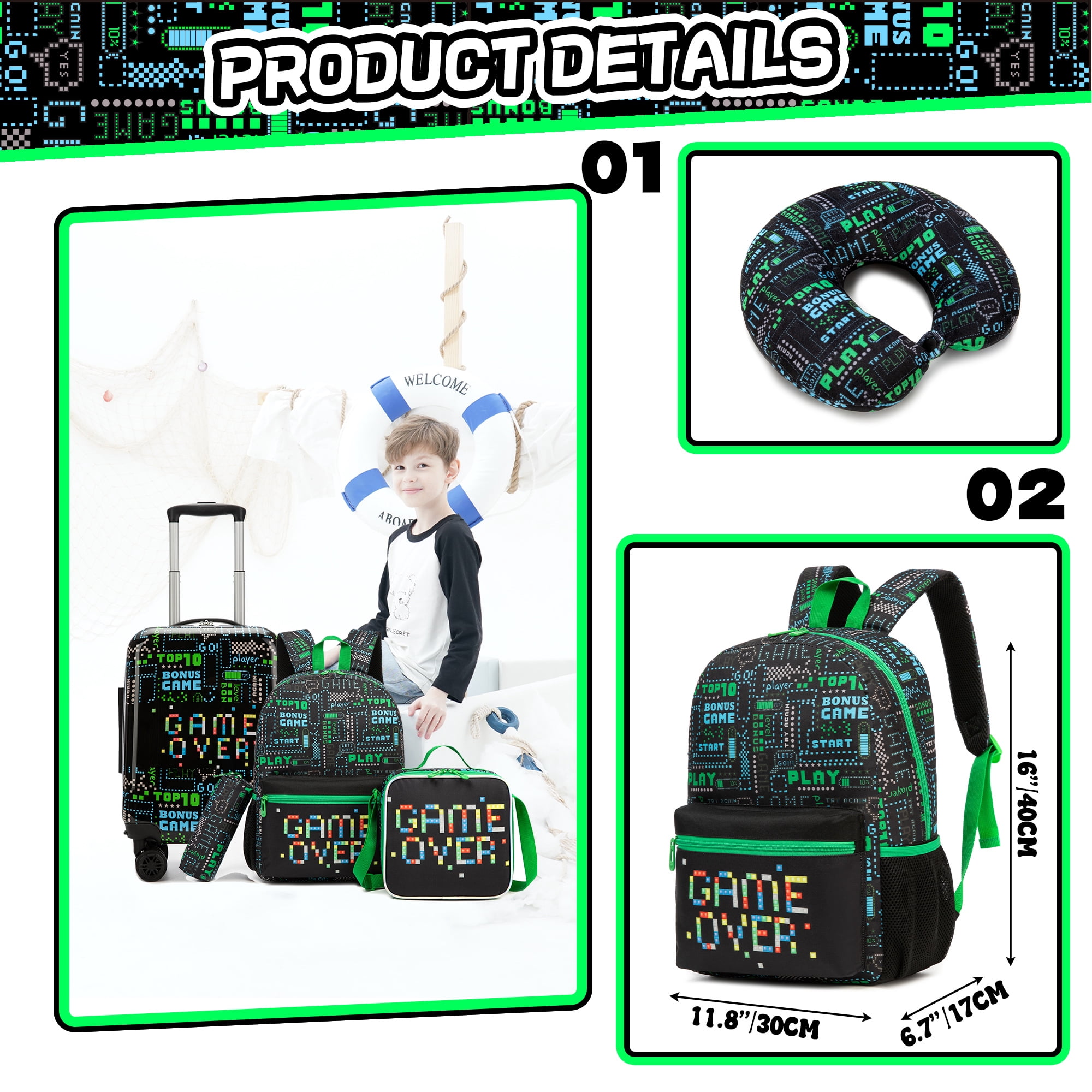 Kids Carry on Luggage Sets for Boys Hardshell Suitcases with Wheels Toddler Backpack for School Travel Essentials Travel Pillow Airline Approved 16 inch