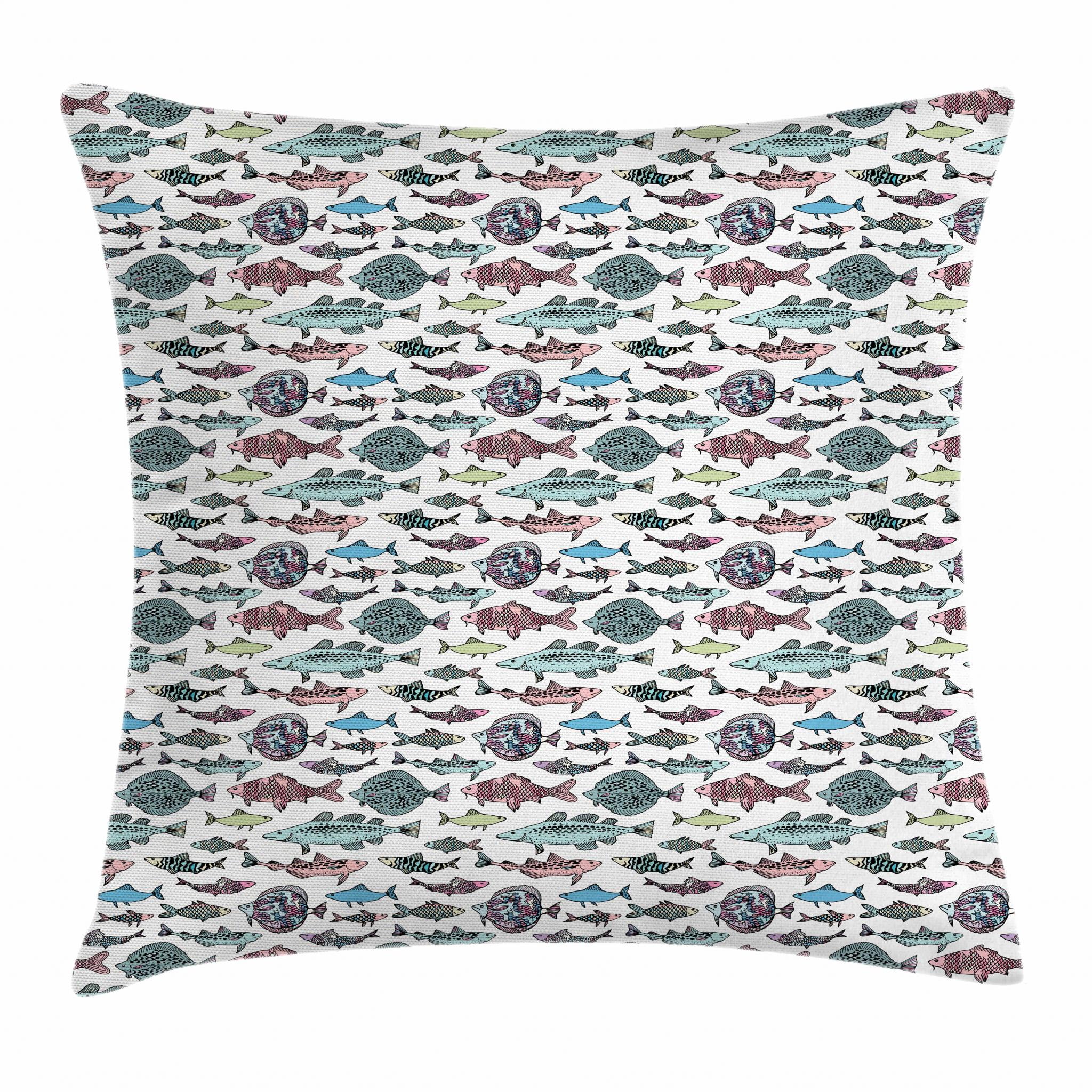 Fish Throw Pillow Cushion Cover, HandDrawn Fish Pattern with Various