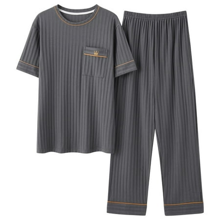 

QWZNDZGR Summer Knitted Cotton Mens Pyjamas Casual Short Tops Lattice Long Pants Sets V-neck Pajamas Fashion Men Sleepwear 5XL Homewear