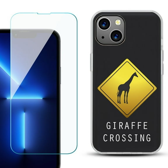 OneToughShield ® for iPhone 15 Plus Shockproof Phone Case, with Tempered Glass Screen Protector - Road Sign Giraffe