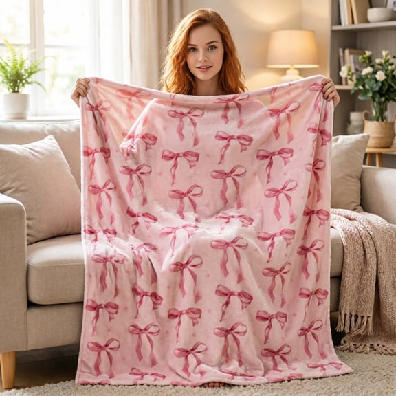 Pink Bow Print Throw Blanket for Couch or Bed, Soft Flannel Warm Washable Decor Cover for Daily Use.