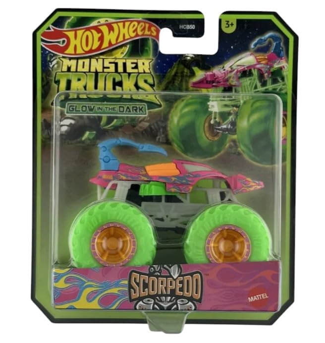 Hot Wheels Monster Trucks Glow in The Dark Collection, 5-Pack Set, Shark Wreck, Bigfoot, Bone Shaker, Scorpedo, Loco Punk