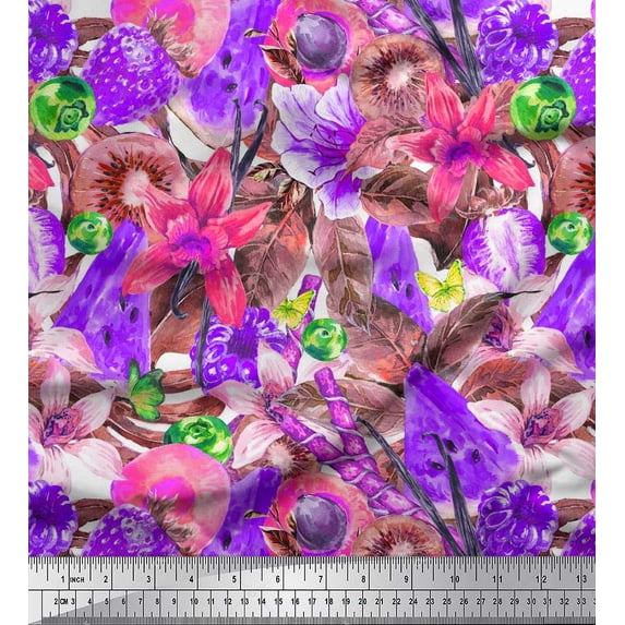 Soimoi Purple Cotton Jersey Fabric Floral,Strawberry & Watermelon Fruits Printed Craft Fabric by The Yard 58 Inch Wide