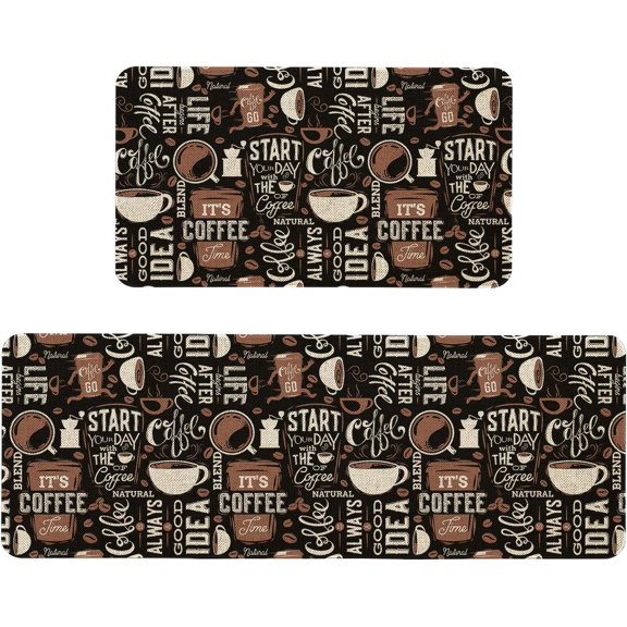 Farmhouse Coffee Kitchen Mats Set of 2 Non Slip Vintage Coffee Kitchen Rugs Home Decor Low-Profile Washable Floor Mat 17x47 Inch and 17x29 Inch