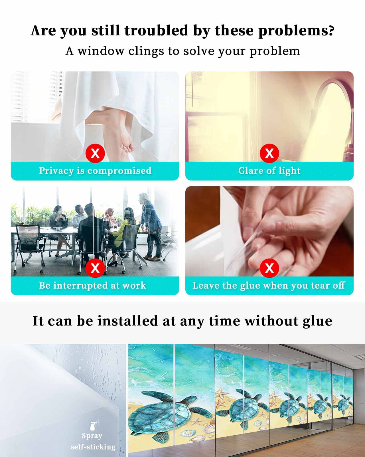 Window Privacy Film Teal Blue Coastal Stained Glass Window Film Decorative Sun Block Window Cover Summer Beach Turtle Nautical Window Clings Static Adhesive Sticker for Bathroom 23.6"x59"