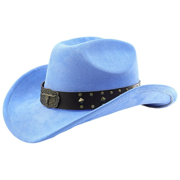 Fgnfyis Summer Straw Cowboy Hat Rolled Brim Sun Outdoor Western Style Fedora for Men and Women Blue 59.3cm