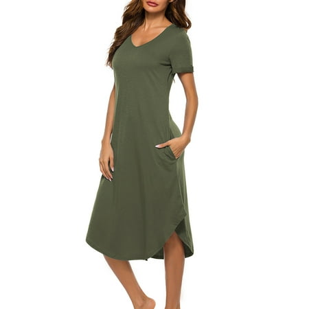 

URMAGIC Women s Cotton V Neck Short Sleeve Nightshirt w Pocket Loose Nightgown Pjs Dress