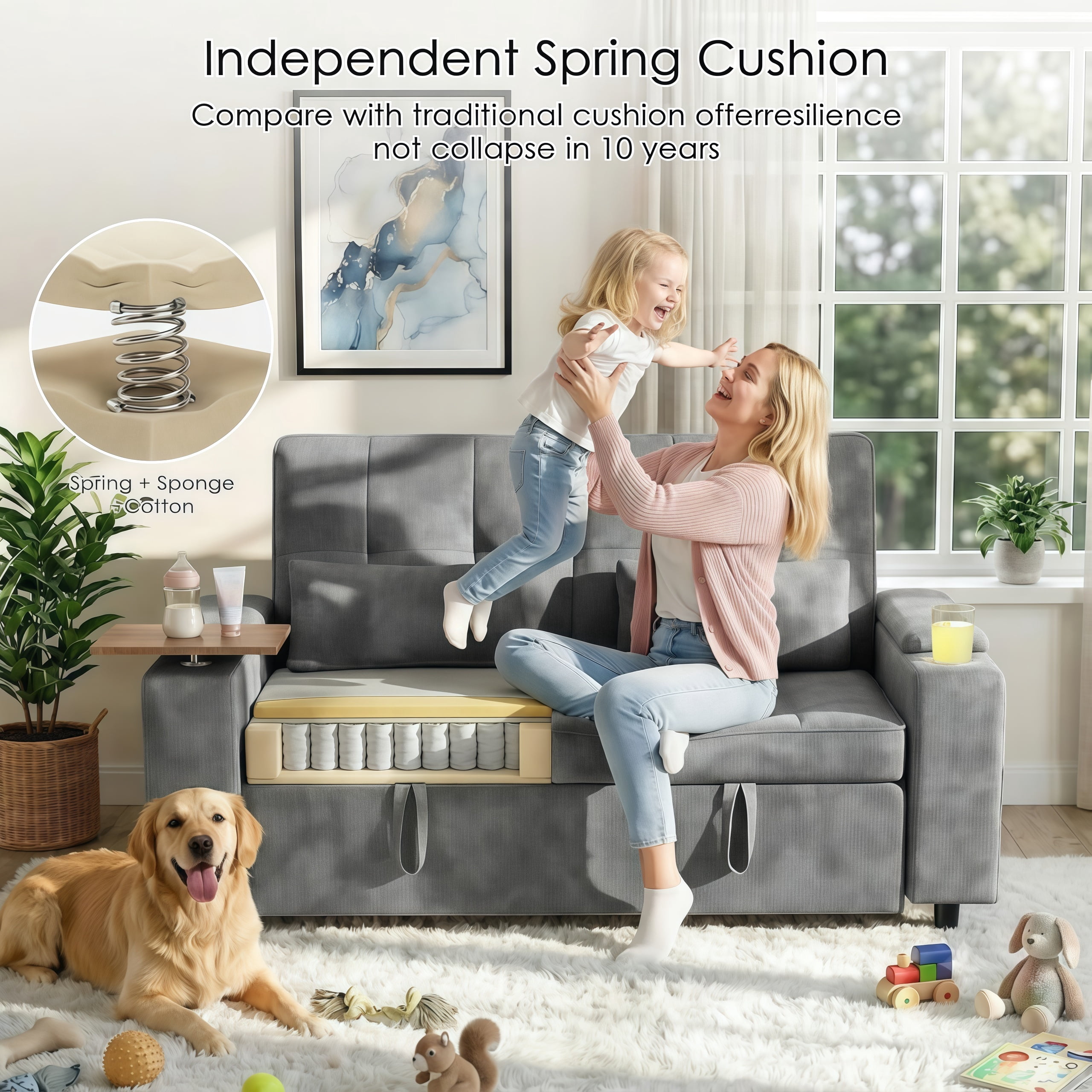ShiKeyi 65" 3-in-1 Convertible Sofa Bed, Pull Out Loveseat with Chenille Fabric/Hidden storage space/Cup holder, Sleeper Sofa Bed for Living Room, Gray