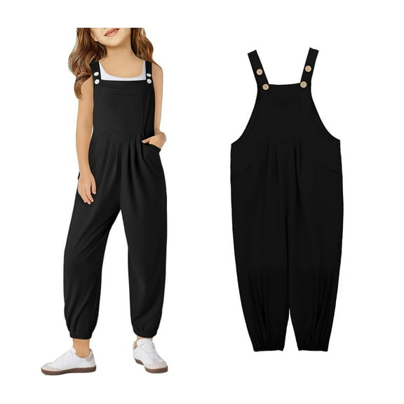 Girls Jumpsuits Overalls Black Overalls with Side Pockets Summer Clothes for Girls Girls Jumpsuits Size 9-10 Years Girls Fashion
