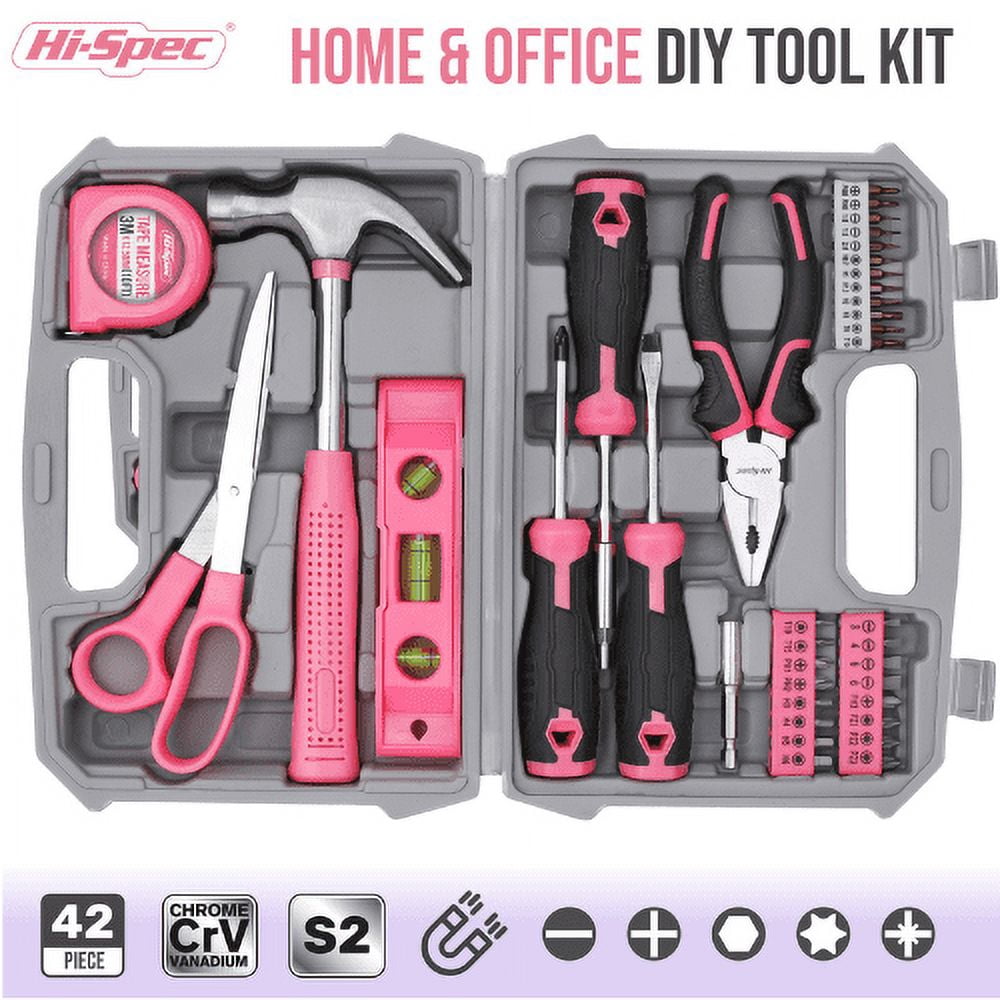 Hi-Spec 42pc Pink Household DIY Tool Set for Home, Office, College Dorm - Starter Basic Ladies Tools