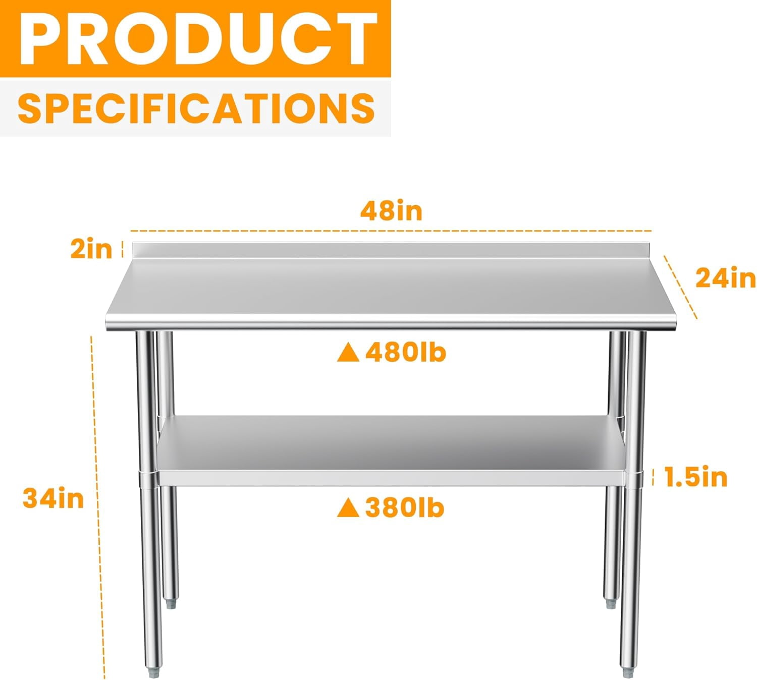 Stainless Steel Table for Prep & Work, 24 x 48 in, NSF Metal Commercial Heavy Duty Table with Backsplash and Adjustable Under Shelf and Foot for Restaurant, Home and Hotel