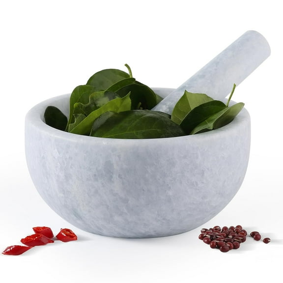 Koville African Natural Marble Mortar and Pestle Set, 7.1" Big Grinder Bowl for Guacamole, Salsa, Pill Crusher, Spice, Herb, Garlic, Nut, Heavy Duty Grinder for Kitchen