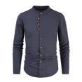 thumbnail image 2 of tasrioml Men Linen Shirt Casual Long Sleeve Button Down Solid Color Male Tops Beach Banded Collar Summer Shirts, 2 of 8
