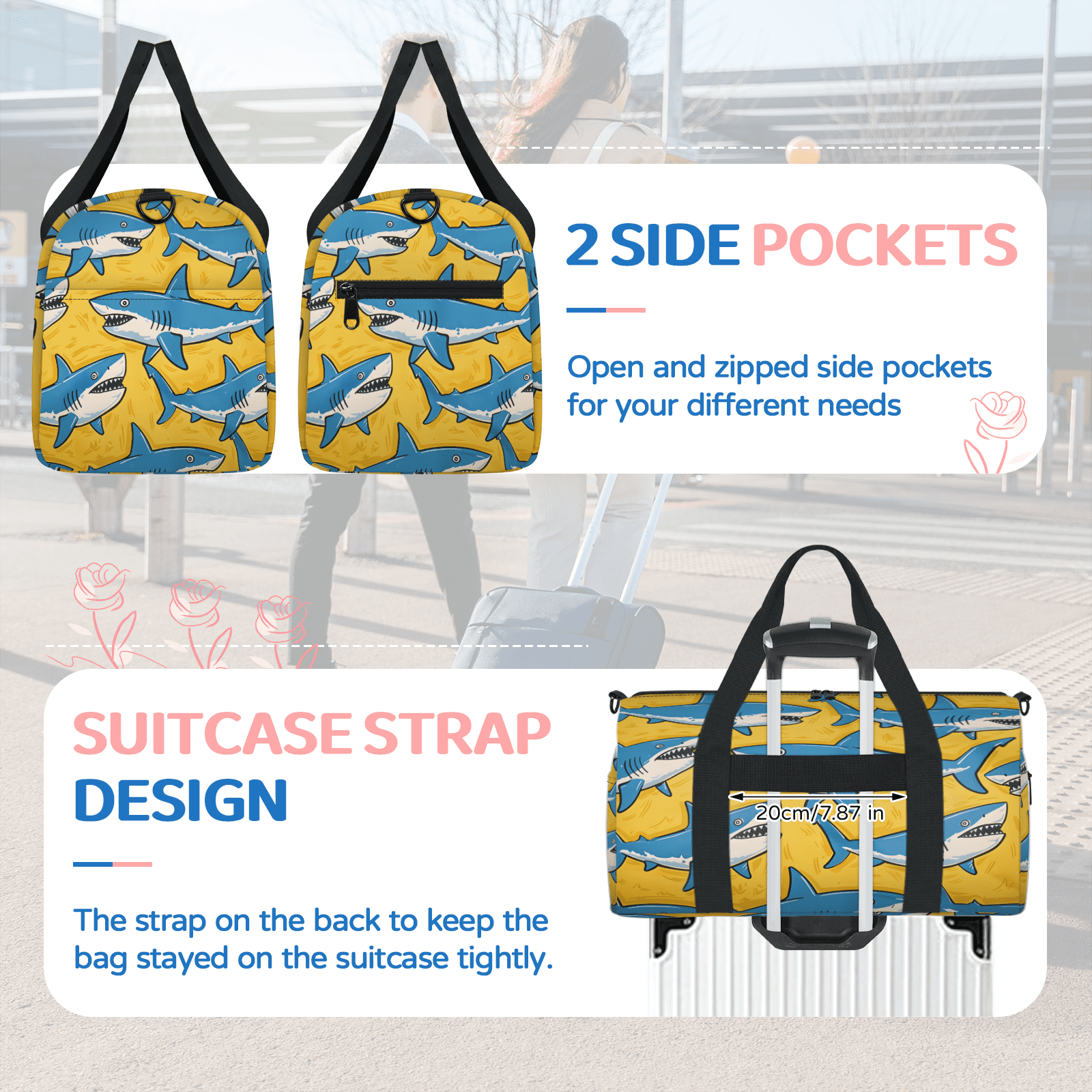 Herdesigns Nautical Shark Gym Bag for Women, Duffle Bag for Travel Sport, Sea Animal Lightweight Waterproof Carry on Weekender Dance Yoga Workout Bags