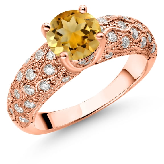 Gem Stone King 18K Rose Gold Plated Silver Yellow Citrine and White Moissanite Engagement Ring for Women (1.64 Cttw, Round 7MM, Gemstone November Birthstone, Size 8)