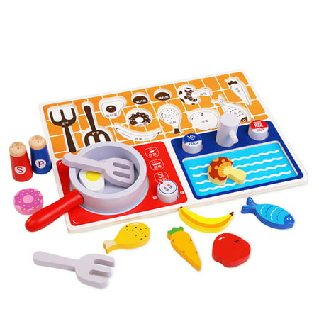 Kitchen Cooking Kit Kids Pretend Play Toys 18 Pcs Wooden Cookware Fruits Vegetables Meat Microwave Oven Pot Playset Shape Sorter Educational toy for 3, 4, 5, 6 Year Olds Girls