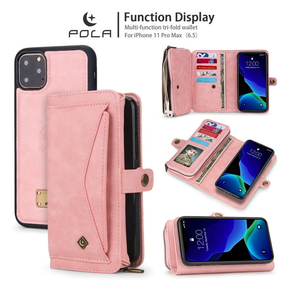 iPhone 11Pro Max 6.5 inch Wallet Case, Dteck 2 in 1 Leather Zipper Purse Multi-Function Tri-fold Wallet Case Detachable Magnetic Phone Cover with 14 Card Slots Money Pocket For iPhone 11 Pro Max,Pink