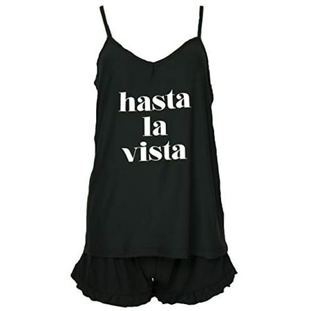 

Mentally Exhusted Women s Plus Size Sexy Pajama Set Tank Top and Shorts (1X Black Hasta La Vista Adios)