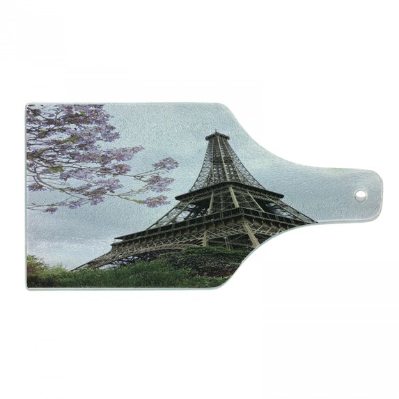 Eiffel Tower Cutting Board, Eiffel Natural Flowers Colorful Blossoms Cloudy Sky Perspective Paris Print, Tempered Glass Cutting and Serving Board, Wine Bottle Shape, Grey Green, by Ambesonne