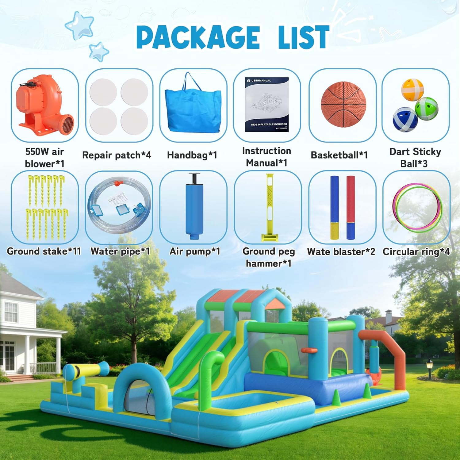 Hommow Inflatable Bounce House Double Water Slide with Blower, Climbing Wall, Water Gun, Splash Pool, Basketball Hoop, Indoor Outdoor Backyard