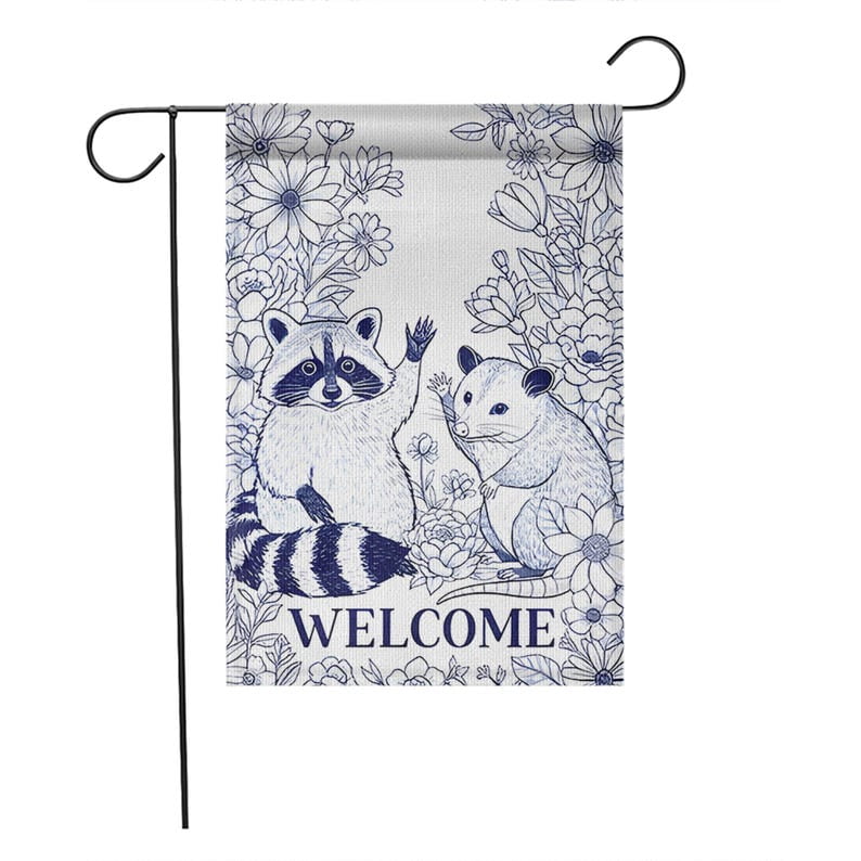 ViciArt Raccoon & Possum Welcome Garden Flag – 28”x40” Blue White Floral Outdoor Yard Decor, Woodland Animal Sign
