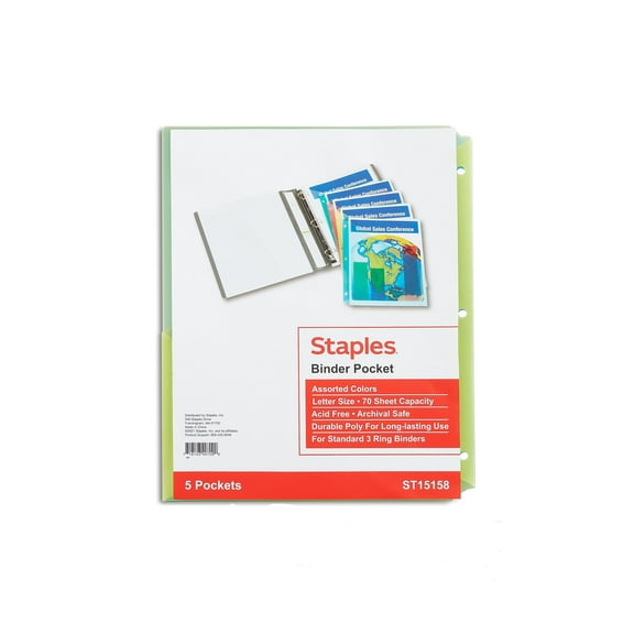 Staples Poly Binder Pockets 3-Hole Punched Assorted Colors 5/PK (15158-CC) 923641