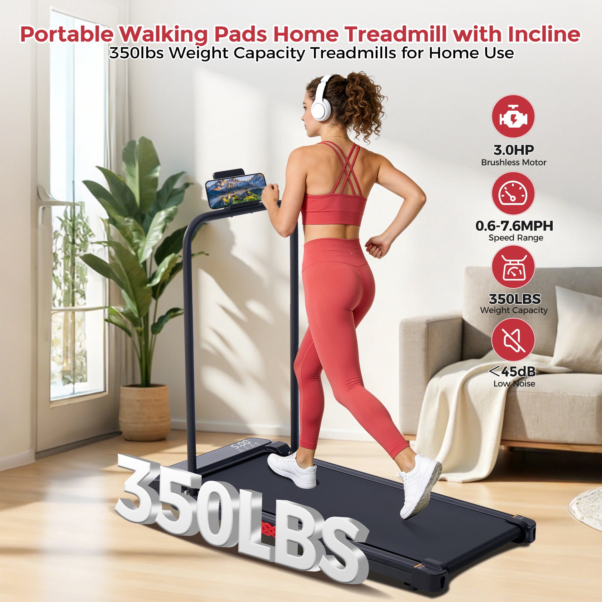 Foldable Walking Pad Treadmill with Handles, 3.0HP Compact Portable Running Machine for Home Fitness, 350LBS Capacity