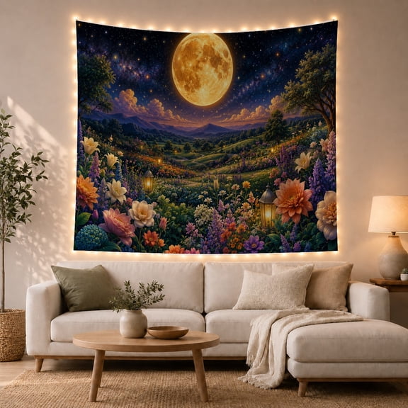 Golden Full Moon Over Flower Meadow, Serene Fantasy for Flower Lovers, Floral Wall Art, Housewarming Gift, Tapestry Wall Hanging for Bedroom, Living Room and Dorm