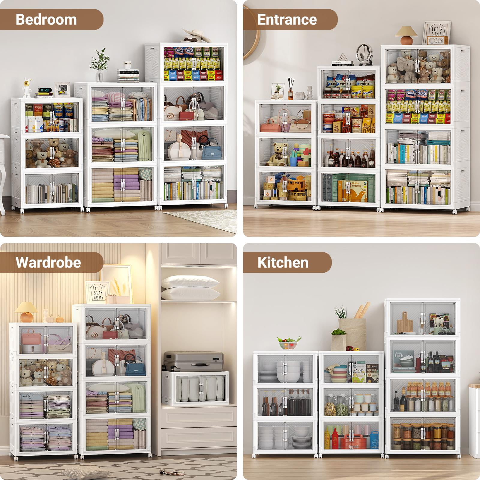 Broview Clear PET Stackable Storage Bins with Lids, Closet Organizers and Storage, 100Gal Folding Storage Boxes with Latching Locks, Collapsible Storage Cabinet for Room, 4Pack White
