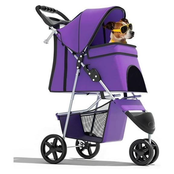 WDZS 3-Wheel Pet Stroller, Foldable Travel Jogger for Small & Medium Dogs & Cats (Up to 33lbs), Lightweight Carrier with Breathable Mesh Cover, Cup Holder & Storage Basket, Purple