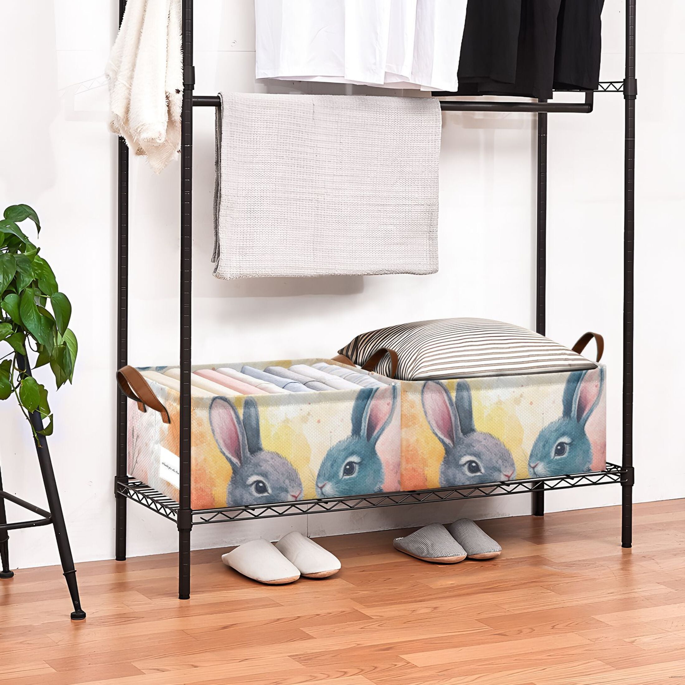 Easter Eggs Bunnies Leaves Storage Bins with Handles Foldable Storage Baskets for Shelves Organizer Cloth Baskets