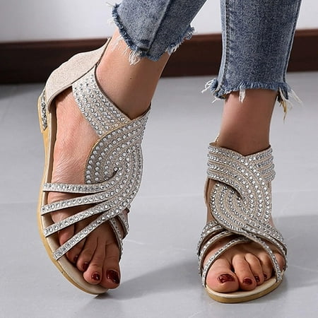 

Womens Spring Trends!AXXD Fuzzy Slippers Women Wedges Open Toe Breathable Sandals Zipper Rhinestones Shoes For Girls New Arrival Size 6.5