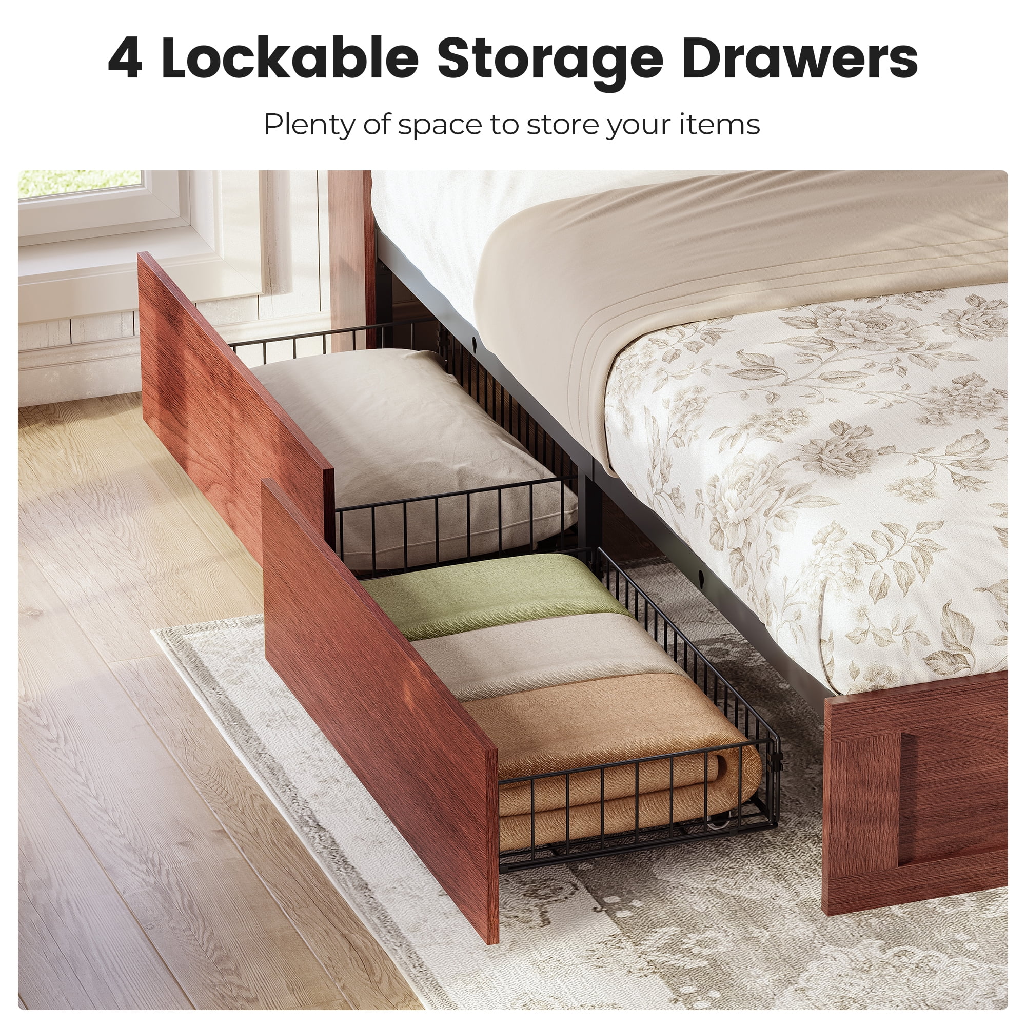 Full Farmhouse Bed Frames With Storage Headboard Bookcase, Wooden Platform Bed with 4 Drawers, No Boxing Need, Red Brown