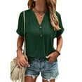 thumbnail image 3 of Franhais Women T-shirt, V-neck Short Sleeve Button Closure Solid Loose Summer Blouse Tops for Casual Daily, 3 of 6