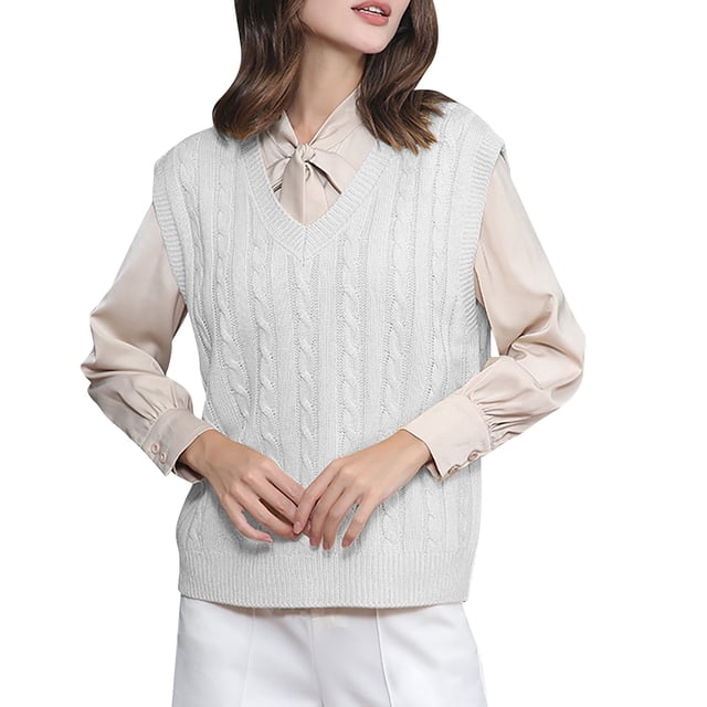 Hauts Blancs pour Femmes Débardeur Tricoté Uni Chandail Col en V Sans Manches pour Sortir