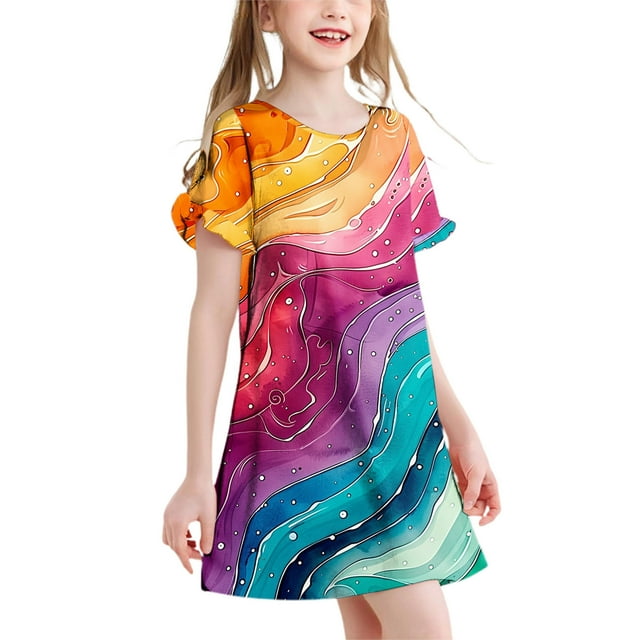Robe à Manches Courtes Imprimée à Col Rond pour Filles, Tissu en Polyester, Coupe Décontractée, Légère pour Fête d'Anniversaire Ou Usage Quotidien, 3-12 Ans