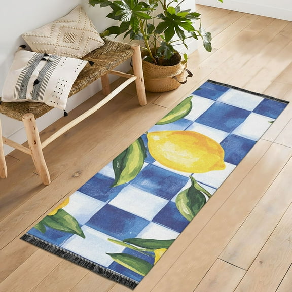 Yayeee Runner Rug for Bedroom 2'x6' Machine Washable Hallway Non Slip Mat, Lemon Checkered
