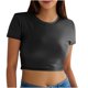 thumbnail image 1 of Mujeres Manga Corta Tops Casual Nuevo Cuello Redondo Imitación Cuero de Manga Corta Top, 95% Poliéster 5% Camiseta de Spandex, Lavado a Mano Hogar Desgaste, 1 of 9